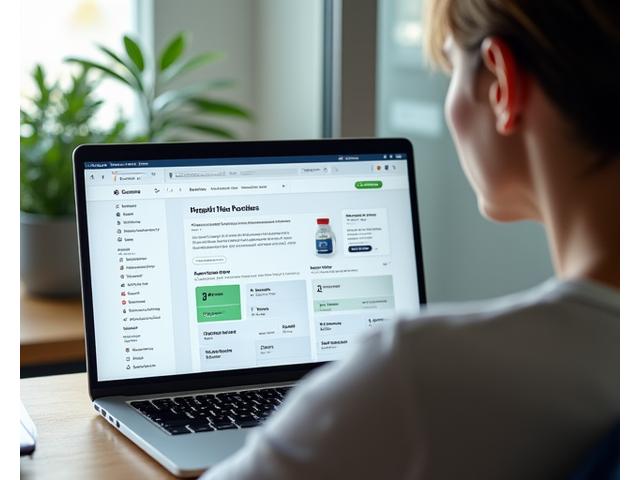 A person in their 40s thoughtfully comparing two health product options on a split screen laptop, with a clean and modern user interface showing feature comparisons and user ratings.