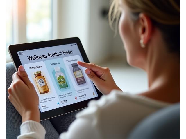 A woman in her late 40s easily navigating an interactive wellness product finder on a tablet, filtering options by health goals with a clean, user-friendly interface.