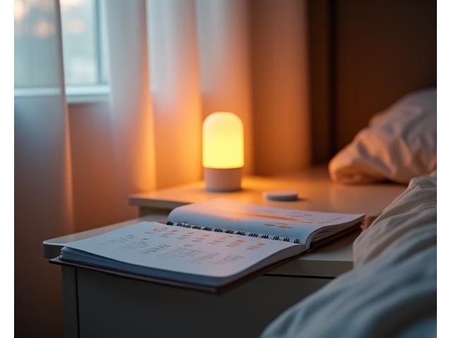 A serene bedroom scene at dawn, with a subtle glow from a smart light, and a sleep tracker device prominently displayed on a nightstand beside a notepad with insightful sleep data visuals.