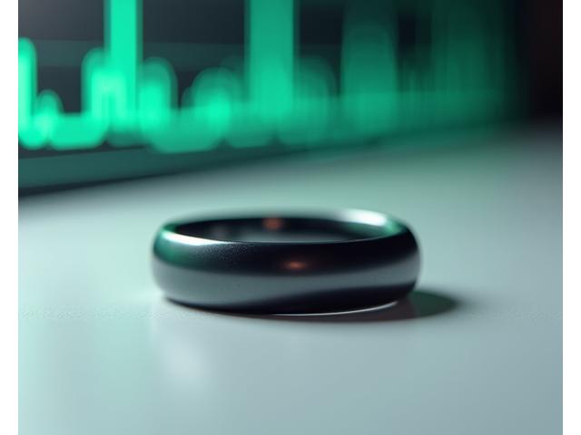 A high-resolution close-up of a sleek, modern smart ring resting on a smooth, matte surface, with blurred biometric data readouts in the background.
