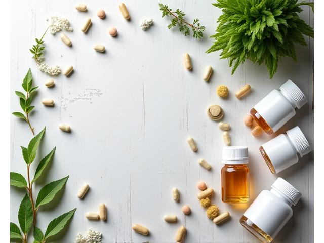 A clean, well-lit flat lay of various high-quality supplement bottles and capsules arranged aesthetically on a rustic wooden table with scientific notes and a healthy plant in the background.